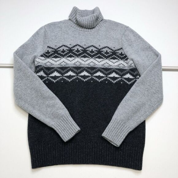 LL Bean Lambs Wool Sweater Mens Medium Cable Knit Chunky Fair Isle Gray - Picture 1 of 9